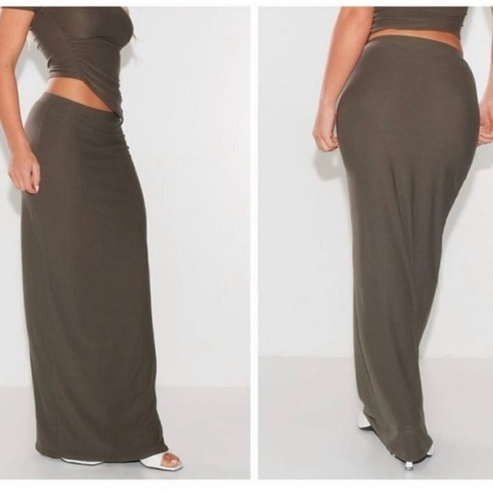 PrettyLittleThing Khaki Green Soft Touch Low Rise Maxi Skirt Size 6